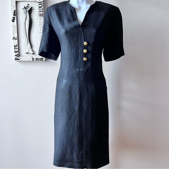 Vintage 80s Harvé Benard Short Sleeve Black Secretary Sheath Dress Size S - Picture 1 of 14